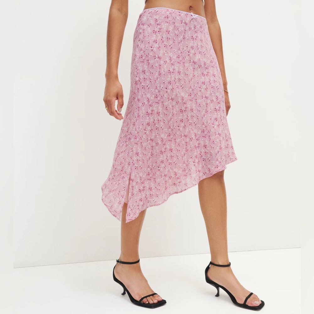Reformation Pink Floral Asymmetrical Midi Skirt